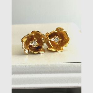 Gold Flower Bud Earrings with Rhinestone Center Clip On Vintage